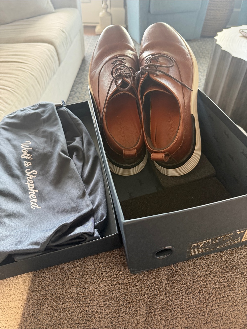 Wolf & Shepheard Brown Leather Derby Oxfords with White Sole